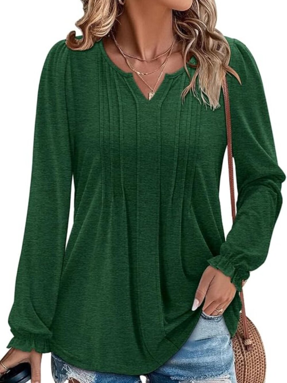 Angerella Women Comfy Green V Neck Long Sleeve Fall Shirt/Tunic Size Small